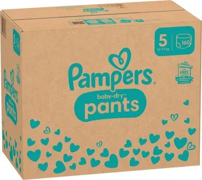 A cardboard box of Pampers baby-dry pants diapers.