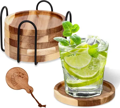 Produktbild von Holzuntersetzer – Set mit 6 Untersetzern für Gläser – Untersetzer aus Akazienholz mit Halterung für Getränke, Becher, Bar, Glas