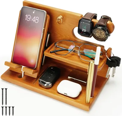 Produktbild von Belle Vous Hellbraune Docking Station Holz - Nachttisch Organizer - Für Telefon, Geldbörsen, Uhren, Gadget & Schlüssel Aufbewahrung - Geschenke für