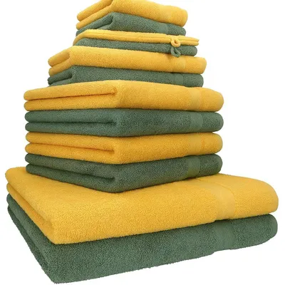 Produktbild von Betz 12-tlg. Handtuch-Set PREMIUM 2 Duschtücher 4 Handtücher 2 Gästetücher 2 Seiftücher 2 Waschhandschuhe  Farbe: honiggelb / tannengrün