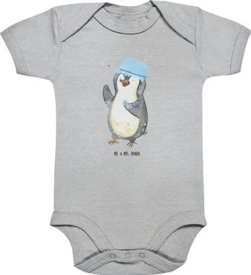 Produktbild von Mr. & Mrs. Panda Strampler Baby Pinguin Duschen 1. - 3. Monat - Heather Grey - Geschenk, Neustart, Babybody, babyanzug, Dusche, Pinguine, babykleidung body, Singen