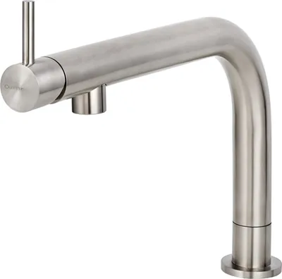 A single stainless steel faucet against a white background.