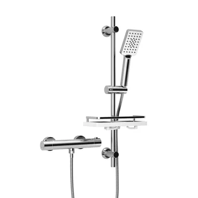Produktbild von JOHO Thermostat Duschsystem mit Duscharmatur, Duschstangeset mit Duschablage, Thermostat Mischbatterie Dusche + Edelstahl Brausestangeset 70cm Chrom