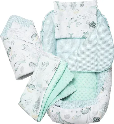 Image de 5 pièces, nid pour bébé, tapis d'éveil, 100 x 60 x 15, océan et menthe Minky