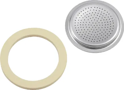 A beige gasket and a silver perforated filter for a Moka pot.