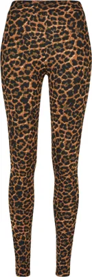 A pair of leopard print leggings shown from the front.