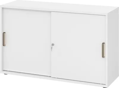 Produktbild von bümö Schiebetürenschrank office - 2 Ordnerhöhen - Nachbildung: Weiß, Griff: Streifengriff (Kunststoff)