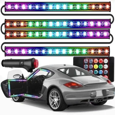 Zdjęcie produktu dla Zestaw oświetlenia LED do wnętrza samochodu, 4 lampy RGB, 48 diod LED, 8 kolorów, pilot zdalnego sterowania, wodoodporny, łatwy w montażu, oświetlenie samochodowe.