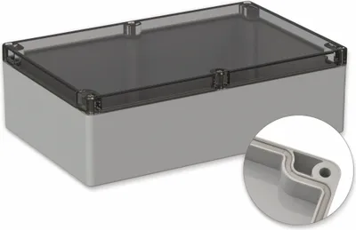 Produktbild von POLLIN, Polycarbonat Gehäuse, 300 x 230 x 85 mm, IP66, Lichtgrau, Glasklarer Deckel
