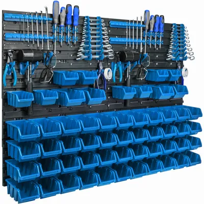 Image de Panneau d'outils suspendu 115x78cm avec 56 pcs. Boîtes bleues murales avec jeu de supports en plastique