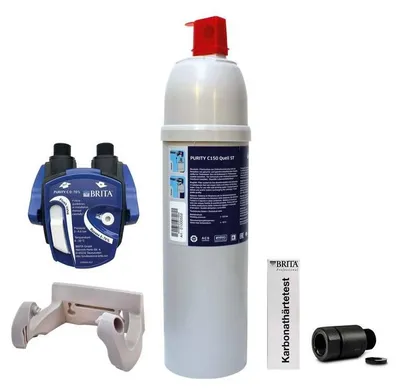 A collection of water filtration components, including a filter cartridge, a filter head, and mounting hardware, arranged on a white background.