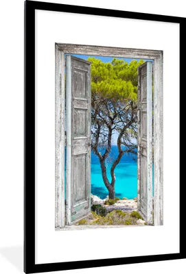 Produktbild von MuchoWow® Gerahmtes Poster Baum - Tropisch - Meer - Blick - Strand 60x90 cm - Poster mit Schwarzem Bilderrahmen Wandposter Rahmen Foto Bilder - Dekoration - Wandposter Wohnzimmer - Hochwertig