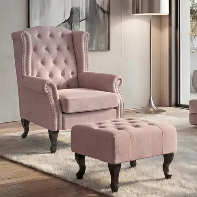 Image de Fauteuil Chesterfield, fauteuil relax fauteuil club fauteuil à oreilles, tissu/textile hydrofuge ~ rose clair avec ottomane