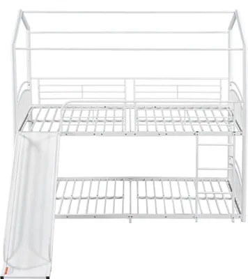 Produktbild von Etagenbett mit Treppe mit rechtwinkliger Leiter, Hausbett mit Rutsche, Kinderbett und Jugendbett mit Fallschutz und Gitter, Metallrahmen