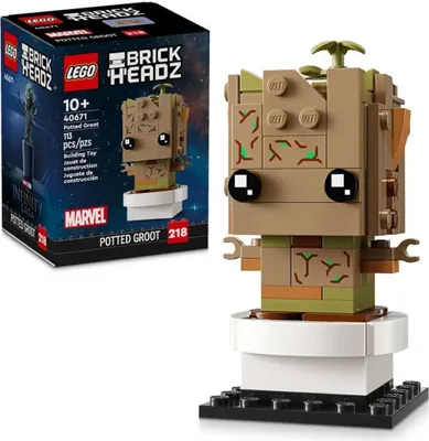 A LEGO BrickHeadz Potted Groot set is shown next to its packaging.
