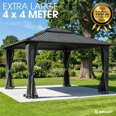 Produktbild von BRAST Pavillon Aluminium Miami | Größen 3x3m 3x4m 4x4m | viele Modelle | Hardtop mit Stahlach | wahlweise mit LEDs | Moskitonetz | Anthrazit | wasserdicht | UV-Schutz | 4x4m