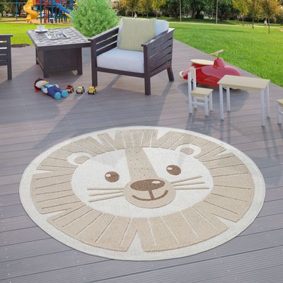 TT Home Kinderzimmer Outdoor Teppich Kinder Rund Spielteppich 3D Optik Löwe Beige Größe Ø 160 cm Rund
