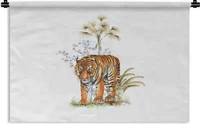 Produktbild von MuchoWow® Wandteppich Wandbehang Tiger - Pflanze - Weiß 150x100 cm Tapisserie Dekoration Wandtuch - Waschbar - Tapisserien - Wand-Decke