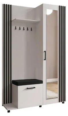 Produktbild von Margaret Hadas24 Garderobe NELI mit Lamellen und Spiegel, Garderobenset mit Sitzbank und Schuhschrank für Flur, (weiß, schwarz) links
