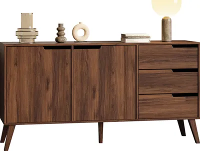 Produktbild von MIRJAN24 Sideboard Nordelo 2D3S, Stilvoll Wohnzimmer, Sideboard mit zwei Drehtüren und drei Schubladen (Farbe: Nuss Warmia)
