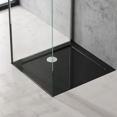 Produktbild von doporro Duschtasse Duschwanne 75x80x4 flach inkl. Ablaufgarnitur AL02 aus Acryl in Schwarz Rechteckig DIN-Anschlüsse für bodenebene Montage geeignet Faro2