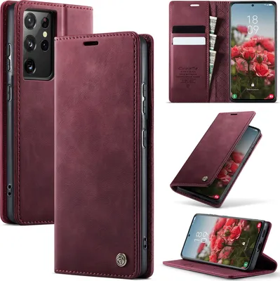 Obrázek produktu pro Kožené pouzdro pro Samsung Galaxy S21 Ultra 5G, RFID ochranou, magnetickým zavíráním, přihrádkami na karty a funkcí stojánku Červený