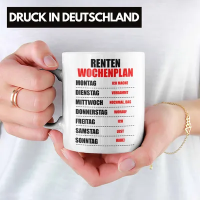 Produktbild von trendation Tasse Weiß – Lustiger Spruch 'Renten Wochenplan' – Geschenk zum Ruhestand oder Abschied für Rentner & Rentnerin – Spülmaschinenfest, Mikrowellengeeignet, beidseitig bedruckt