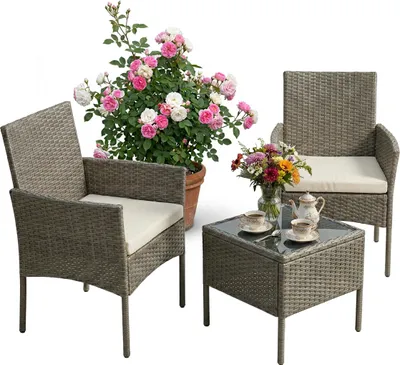 Produktbild von Relaxdays Gartenmöbel Set, 3-tlg. Rattan Sitzgruppe, 2 Personen, 2x Sessel & Glastisch, Loungemöbel, outdoor, grau
