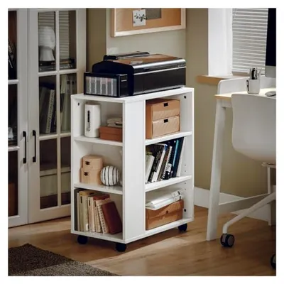 Produktbild von Druckertisch mit 7 offenen Fächern und Rollcontainer für das Büro, 60x75x35 cm, Druckerschrank in Weiß