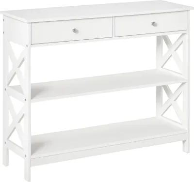 Image de HOMCOM Table de console table d'entrée style table de drapier néo-rétro 2 tiroirs 2 étagères dim. 100L x 30.5l x 80H cm en bois Blanc
