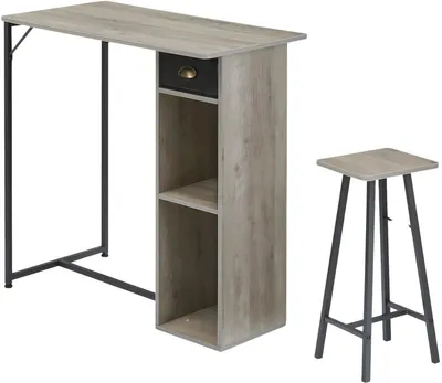Productafbeelding van Eetset bestaande uit 3 delen – Compacte keukentafel met 2 stoelen en opbergruimte – MDF en metaal – Modern design – Grijs