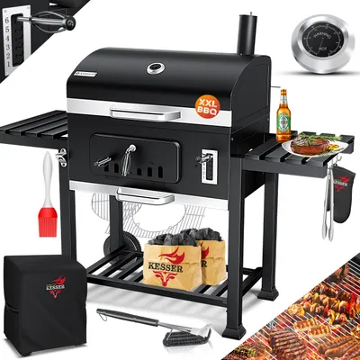 A collage of images showcasing a large charcoal grill and its accessories, along with lifestyle shots of grilled food.