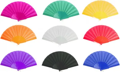 A collage of nine colorful folding fans arranged in a 3x3 grid.