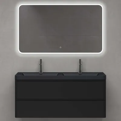 Immagine prodotto di doporro Mobile Bagno Sospeso Set di Mobili da Bagno 120x48x55cm Nero opaco Mobiletto con Lavabo in Resina Minerale Specchio LED e 2 Cassetti Spaziosi Seria Lucca