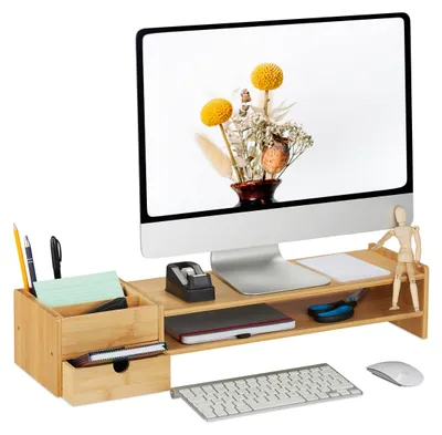 Monitorständer aus Bambus, 5 Fächer, Schubladen, 13x70x19 cm