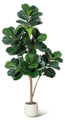 Obrázek produktu pro Umělá fíkovník lyrovitý – Ficus lyrata – 120 cm – pokojová rostlina – se šedým květináčem – do exteriéru – zelená
