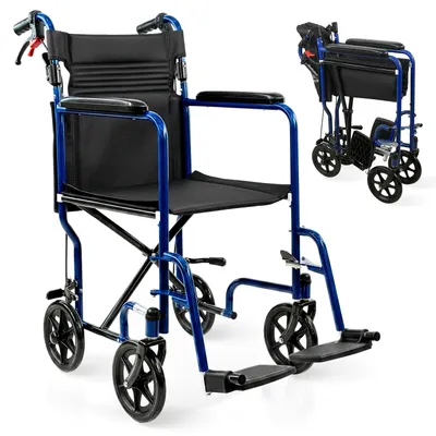Image de Fauteuil roulant pliable Mobiclinic avec frein de stationnement, largeur d'assise 41 cm, repose-pieds amovibles, structure en acier, accoudoirs rembourrés, bleu Napoli
