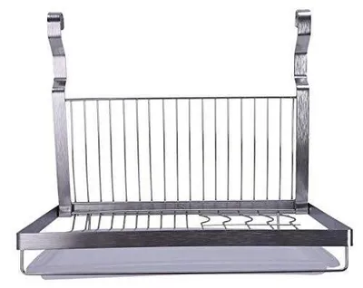 Obrázek produktu pro Skládací odkapávač z nerezové oceli 304, odkapávací rošt s odkapávací miskou a háčky, 40 x 26,5 x 37 cm, nástěnný odkapávač do kuchyně