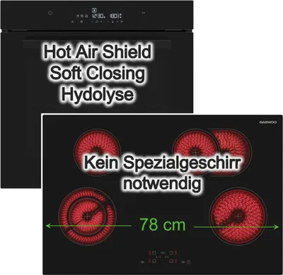 Produktbild von Backofen Set Einbau Schwarz SoftClose Hydrolyse + Kochfeld Bräterzone Daewoo