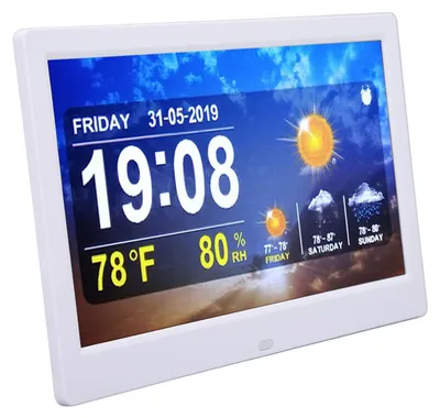 WLAN-Wetteruhr 10 Zoll, weiß, Farbdisplay, Wecker mit Fernbedienung
