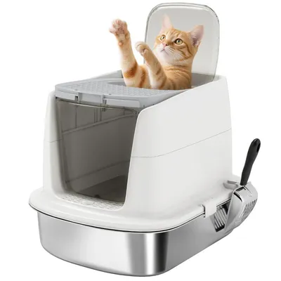 Produktbild von Geschlossene Katzentoilette – Edelstahl – Zwei Einlässe – Inklusive Geruchsneutralisator und Streuschaufel – 52,4 x 41,3 x 39,8 cm – Weiß