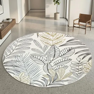 Produktbild von Kurzflorteppich Creme mit Blätterdesign Glanzoptik weich pflegeleicht für Wohnzimmer Schlafzimmer Größe - 120 cm Rund