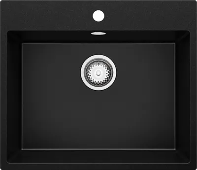 A black granite kitchen sink with a drain and a faucet hole.