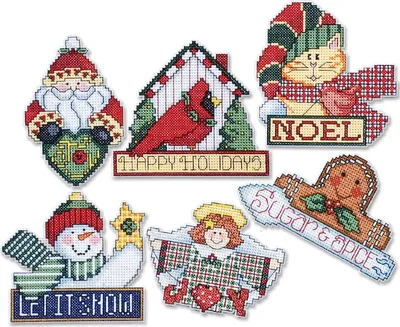 Produktbild von Design Works Kreuzstich Stickpackung "Weihnachtsbaumschmuck Weihnachtszeichen (6 Stück)", Zählmuster, 9x10cm