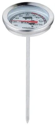 A meat thermometer with a dial and a metal probe.