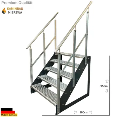 Produktbild von Freistehende Wangen- Stahltreppe 5 Stufen mit beidseitigem Geländer Verzinkt / Wangen Anthrazit / Breite 80 cm Höhe 95 cm