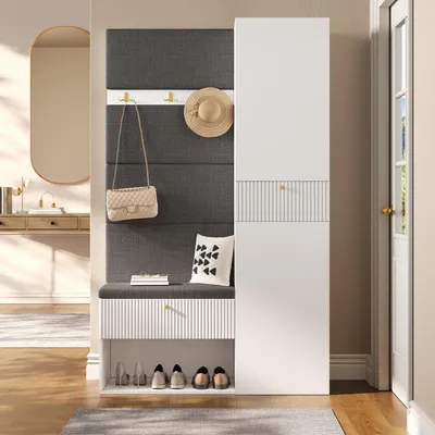 Produktbild von Merax Garderoben-Set mit Sitzbank, Schuhschrank, Garderobenpaneel mit Kleiderhaken, gepolsterter Sitzfläche, Schubladen und Schuhablage, Weiß