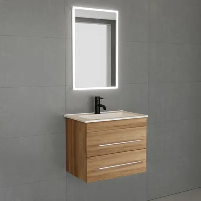 Produktbild von Alpenberger Waschtisch Gäste WC Waschbecken mit Unterschrank und Bad Spiegel | Schrank 60 cm Breit | Waschtischunterschrank Hängend | Waschplätze Badunterschrank