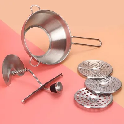 Productafbeelding van Ibenzoa® handmatige voedselmolen van roestvrij staal, 19,5 cm – met 3 maalschijven (2/3/7 mm) voor aardappelpuree, groenten en babyvoeding, vaatwasmachinebestendig