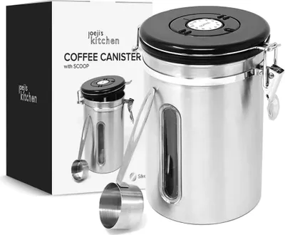 Immagine prodotto di Barattolo per caffè Joejis ermetico 500 g - 600 g contenitore per chicchi di caffè in acciaio inossidabile a tenuta stagna con cucchiaio - barattolo per caffè ermetico 1,8 l chicchi